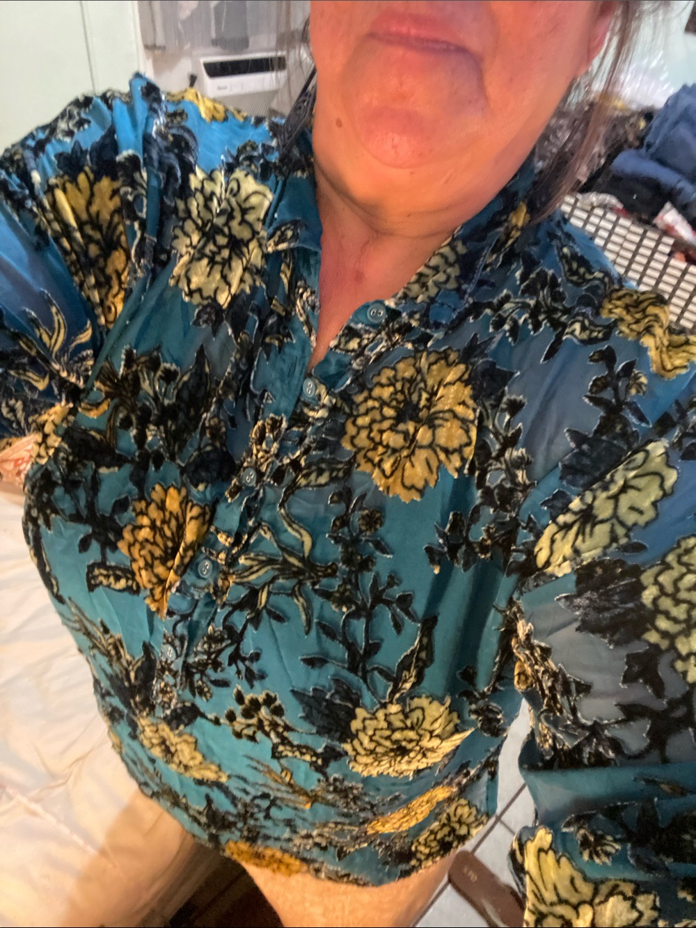 Johnny Was Teal Blue Floral Sheer Button-Up Blouse - Picture 9 of 9